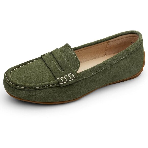 Kordal Women Army Green Suede Gold Accent Buckle Slip-Ons Walking Flats Loafers - Picture 2 of 9